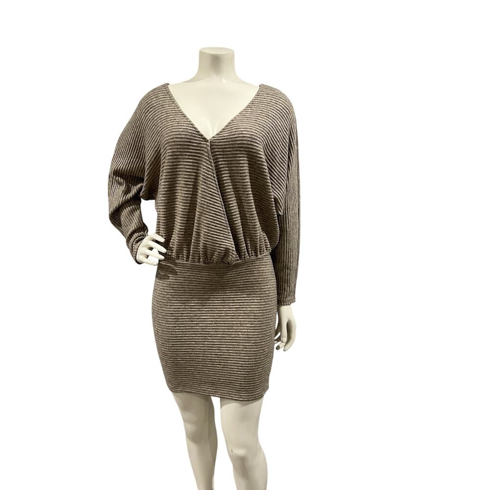 Lush Ribbed Knit Sexy Stretchy Cross Bodice Light Brown Bodycon Dress Size S